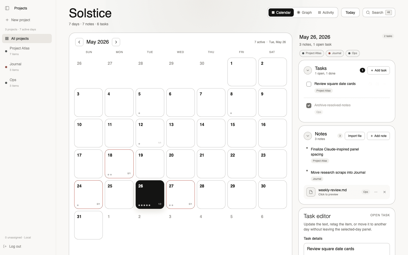 Popup editor for a single day in Solstice