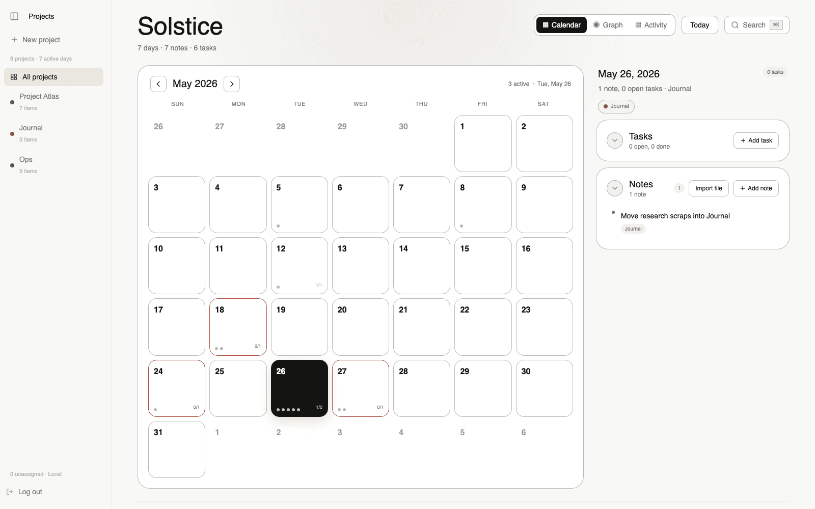 Solstice with the projects rail filtered to one project