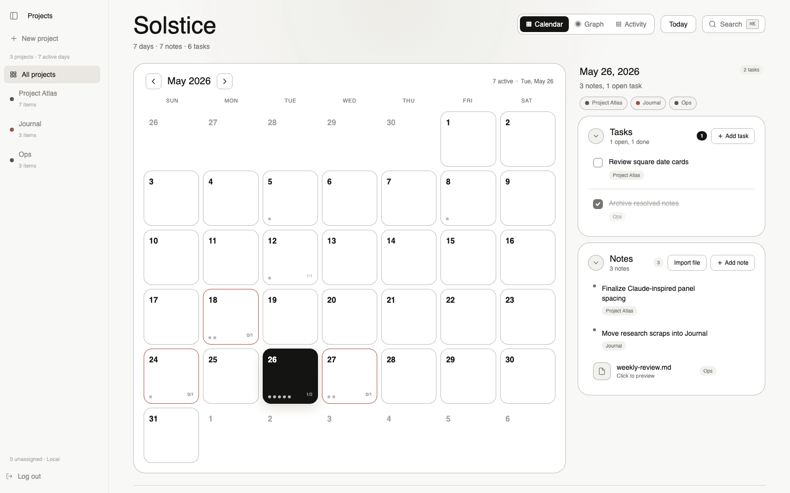 Solstice month grid with selected day workspace